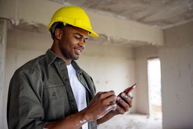 A contractor on a work site reviews the fuel usage of his fleet of trucks in real-time from his fleet fuel app on his phone.
