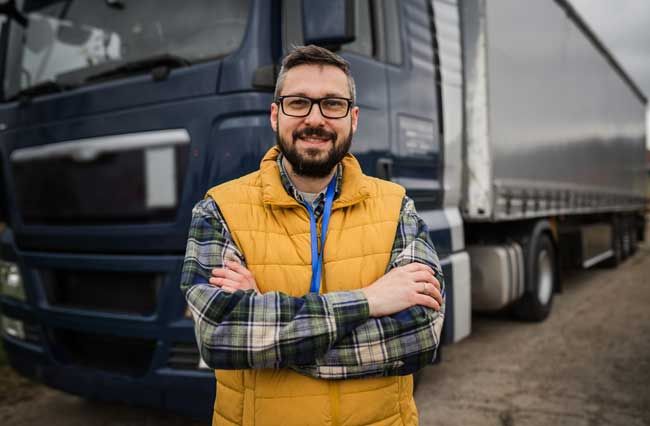 A happy fleet driver stands outside his truck smiling.