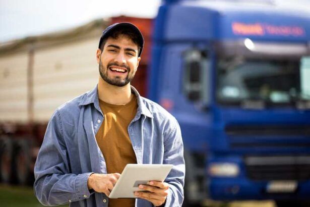 A happy business outside his business in front of one of his fleet trucks reviews fuel fleet card data on his tablet.