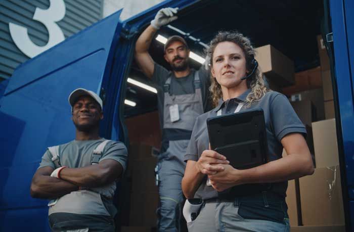 A team of fleet drivers stand near their delivery truck